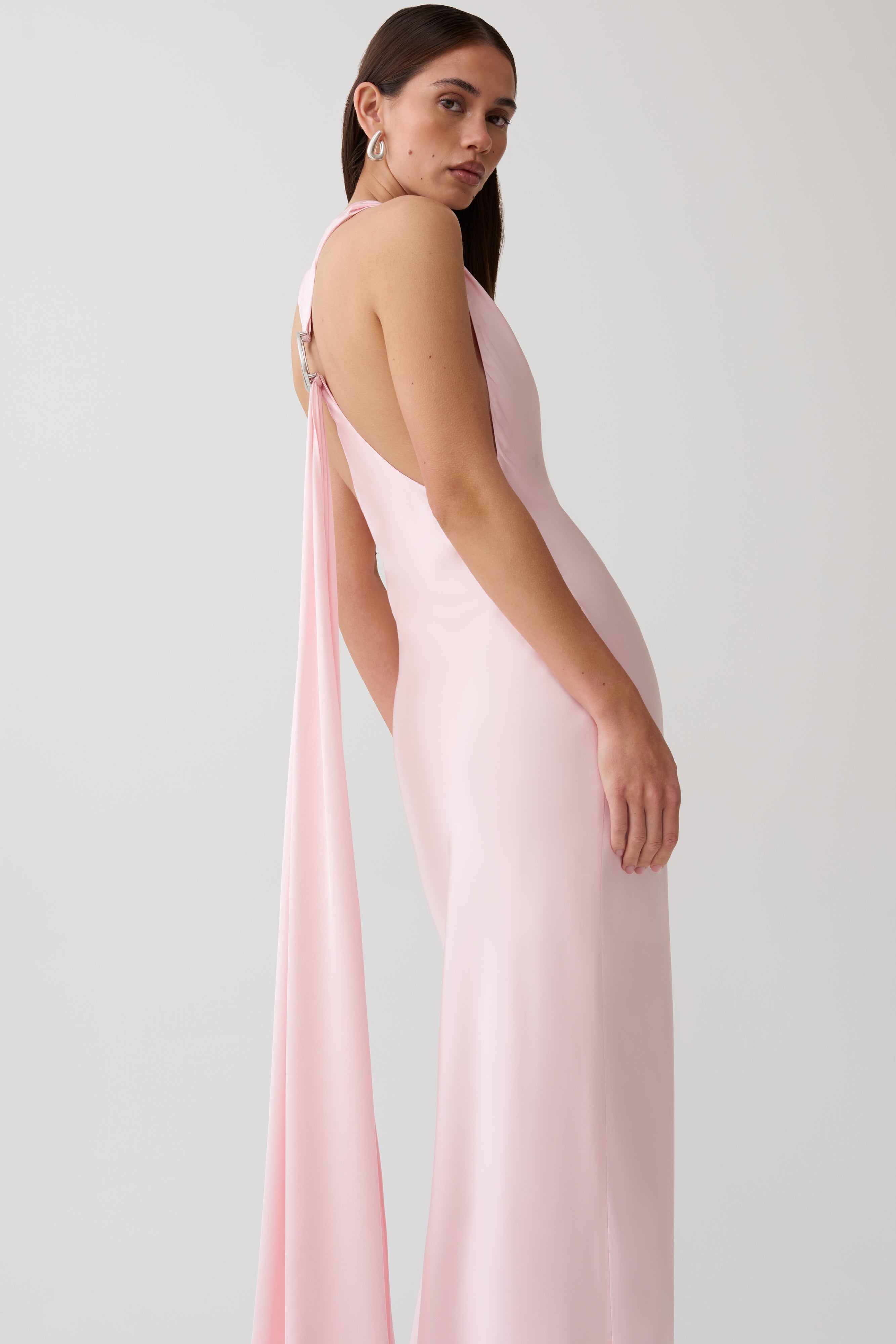 Winnie Halter Satin Maxi Dress With Hardware in Pale Pink – Chic&Drifts