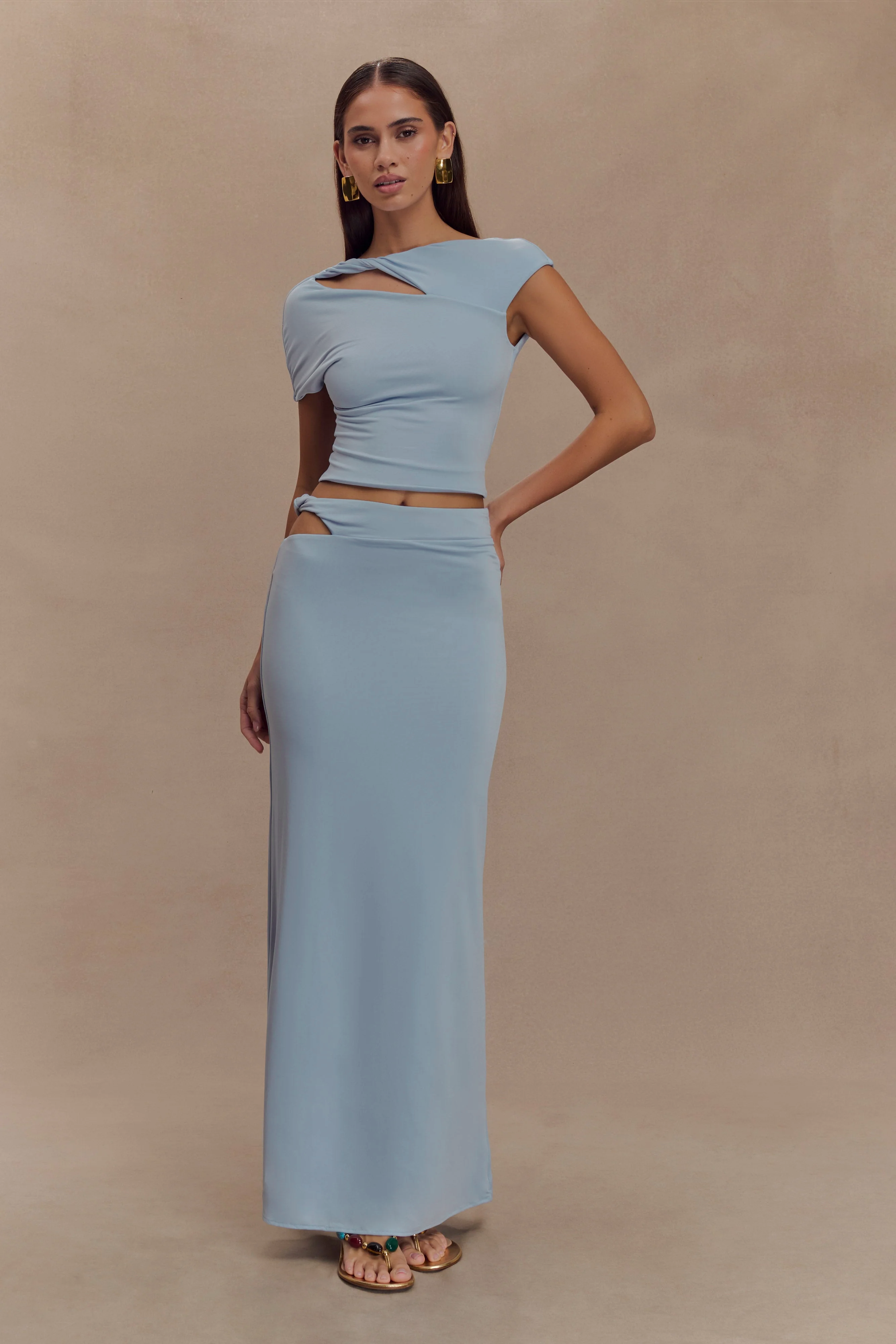 Haven Slinky Twist Midi Skirt in Pale Blue – Chic&Drifts