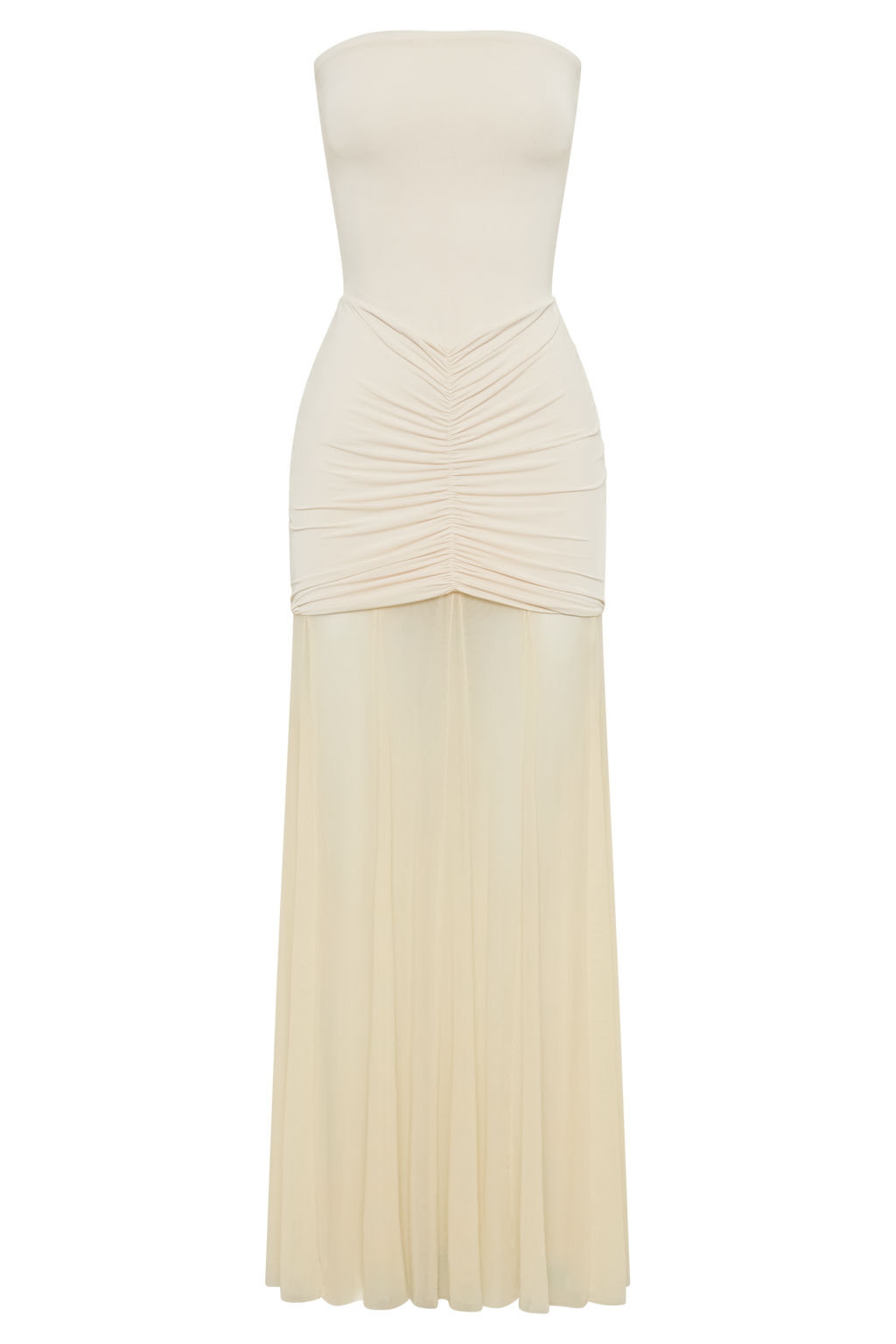 Caspian Slinky And Mesh Off Shoulder Maxi Dress in Ivory – Chic&Drifts