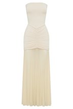 Caspian Slinky And Mesh Off Shoulder Maxi Dress in Ivory – Chic&Drifts