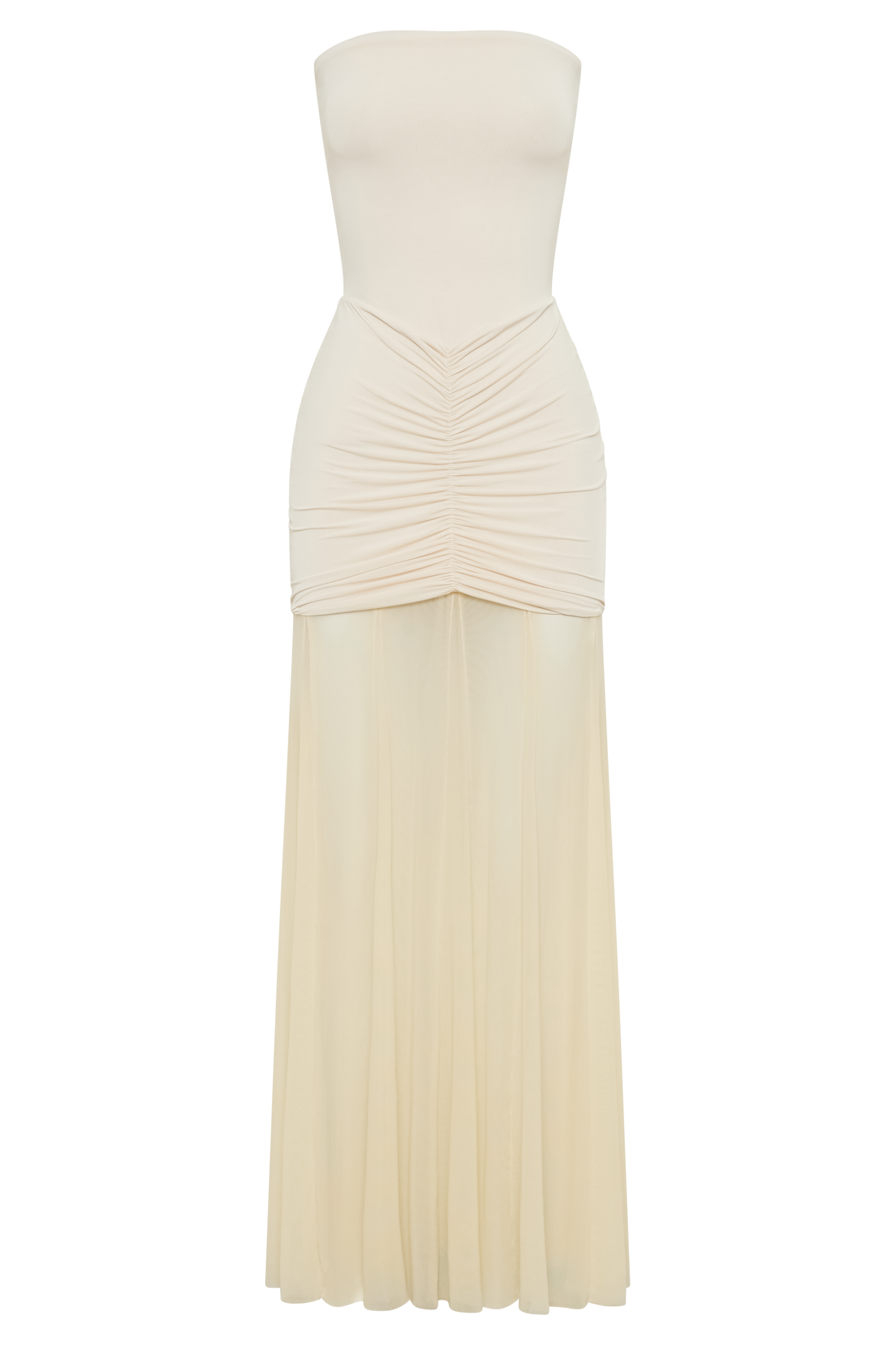 Caspian Slinky And Mesh Off Shoulder Maxi Dress in Ivory – Chic&Drifts