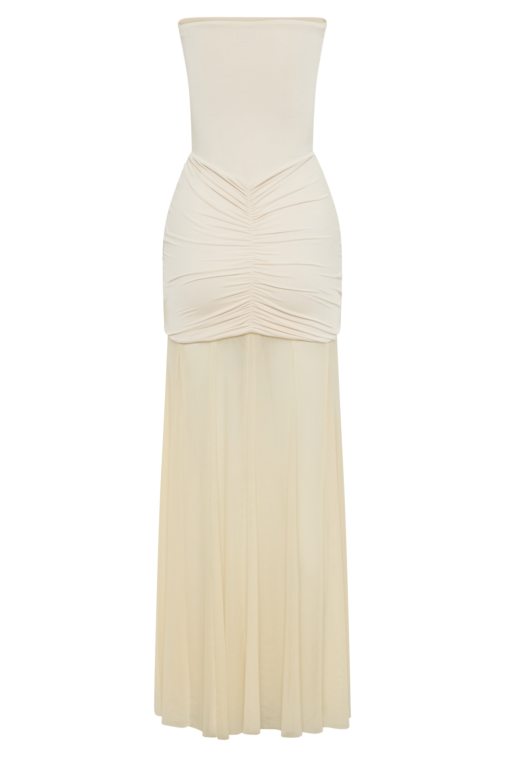 Caspian Slinky And Mesh Off Shoulder Maxi Dress in Ivory – Chic&Drifts