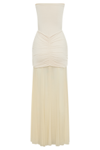 Caspian Slinky And Mesh Off Shoulder Maxi Dress in Ivory – Chic&Drifts