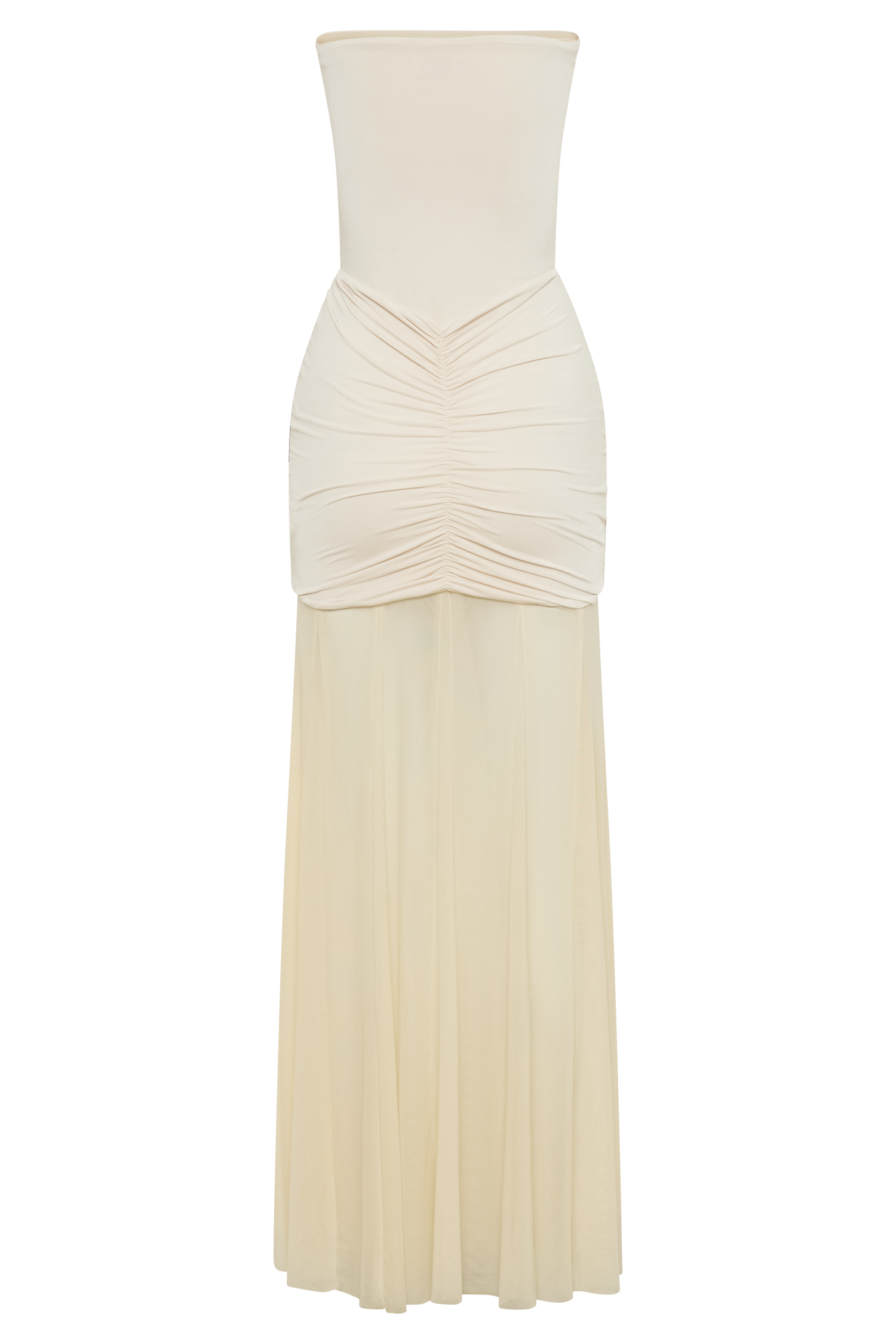 Caspian Slinky And Mesh Off Shoulder Maxi Dress in Ivory – Chic&Drifts