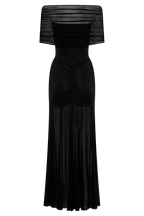 Caspian Slinky And Mesh Off Shoulder Maxi Dress in Black – Chic&Drifts