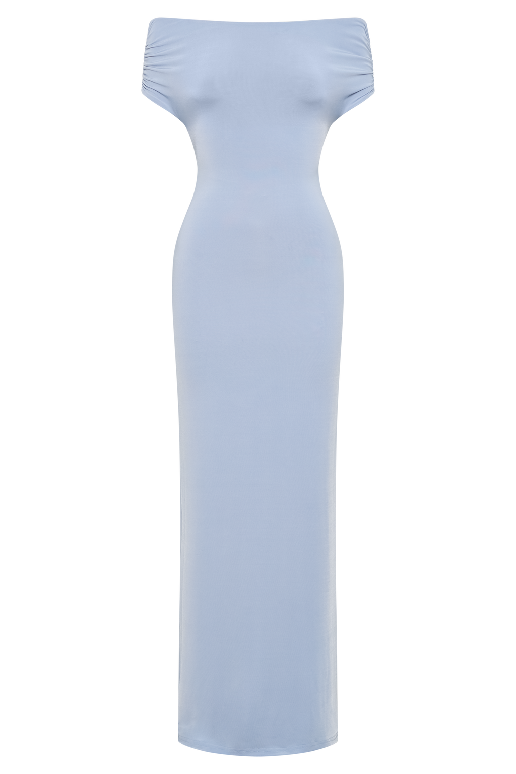 Imogen Off Shoulder Slinky Maxi Dress in Dusty Blue – Chic&Drifts