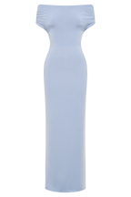 Imogen Off Shoulder Slinky Maxi Dress in Dusty Blue – Chic&Drifts
