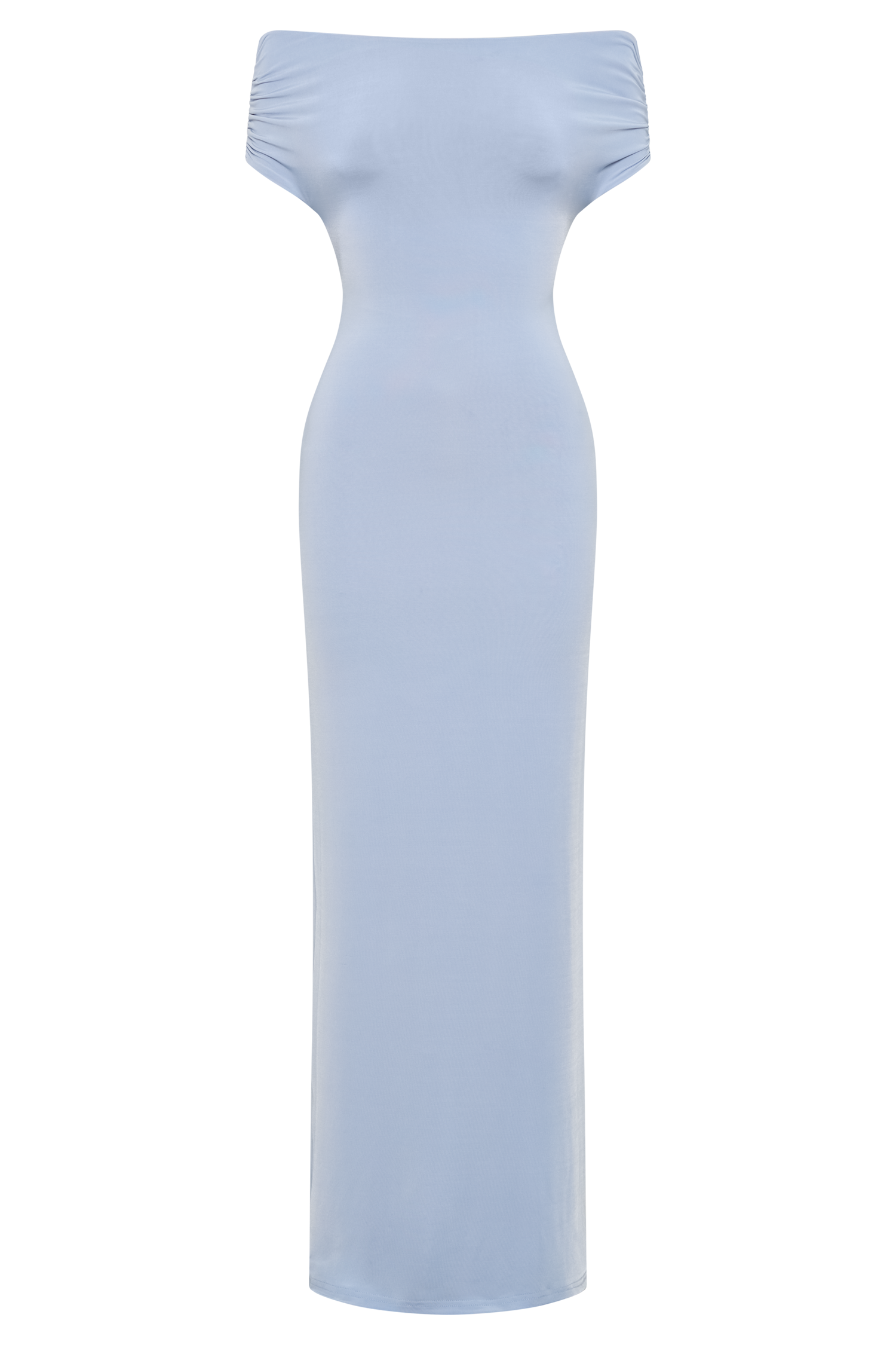 Imogen Off Shoulder Slinky Maxi Dress in Dusty Blue – Chic&Drifts