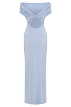 Imogen Off Shoulder Slinky Maxi Dress in Dusty Blue – Chic&Drifts