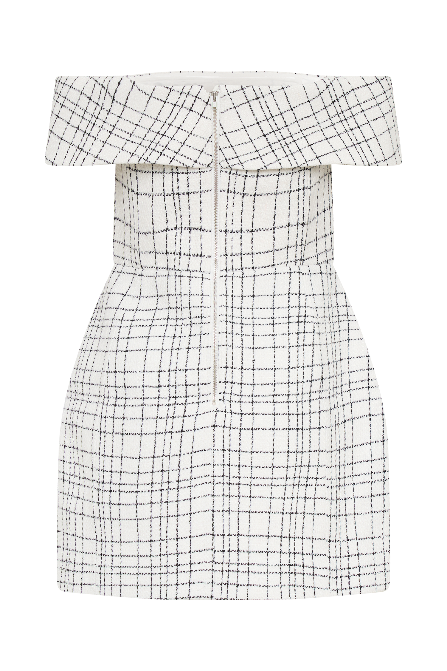 Helena Tweed Off Shoulder Mini Dress in White Check – Chic&Drifts
