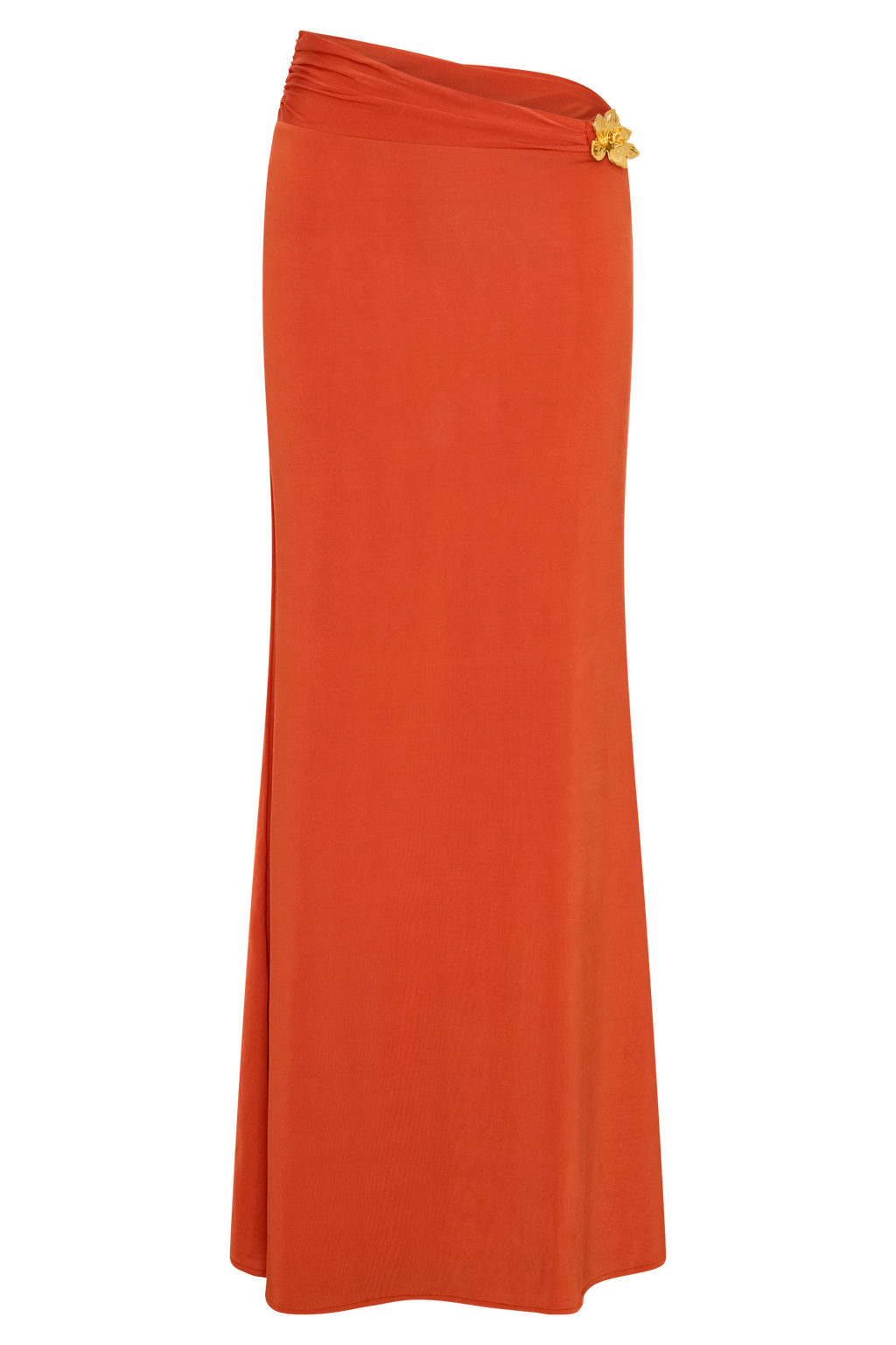 Ainsley Asymmetrical Maxi Skirt With Floral Hardware in Burnt Orange – Chic&Drifts