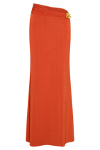 Ainsley Asymmetrical Maxi Skirt With Floral Hardware in Burnt Orange – Chic&Drifts