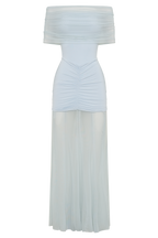 Caspian Slinky And Mesh Off Shoulder Maxi Dress in Pale Blue – Chic&Drifts