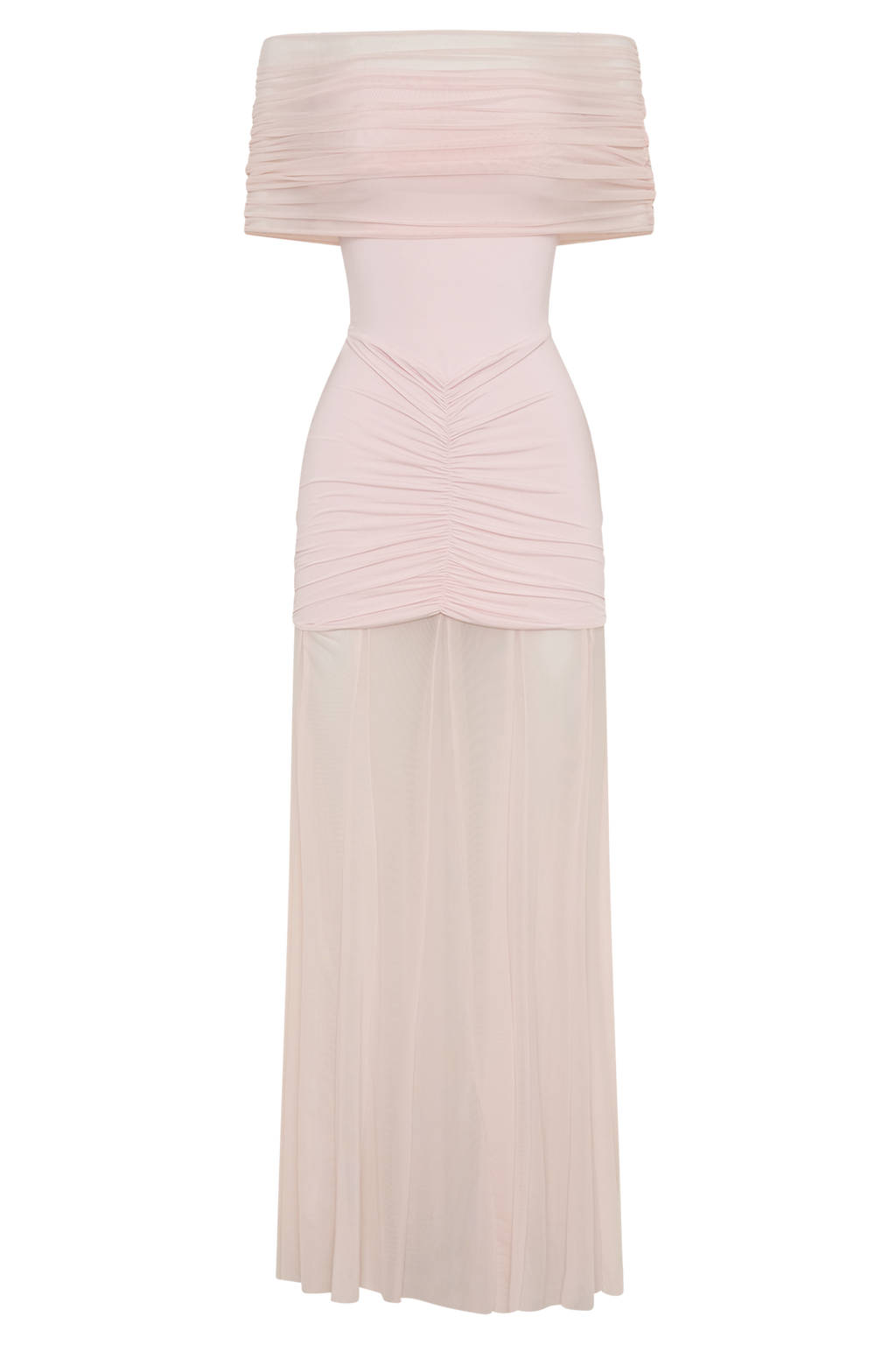 Caspian Slinky And Mesh Off Shoulder Maxi Dress in Pale Pink – Chic&Drifts