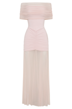 Caspian Slinky And Mesh Off Shoulder Maxi Dress in Pale Pink – Chic&Drifts