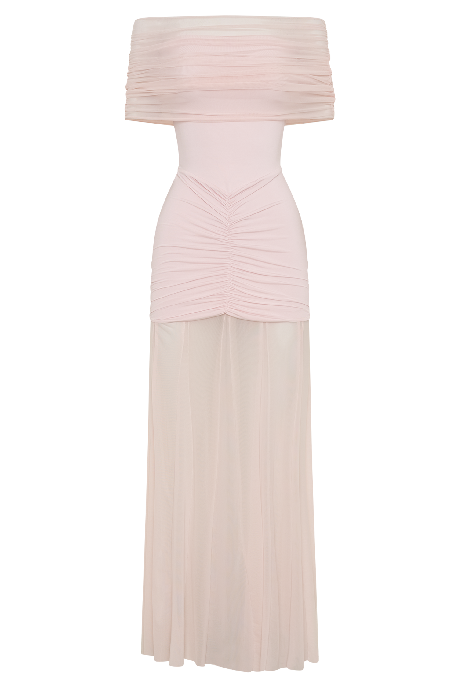 Caspian Slinky And Mesh Off Shoulder Maxi Dress in Pale Pink – Chic&Drifts