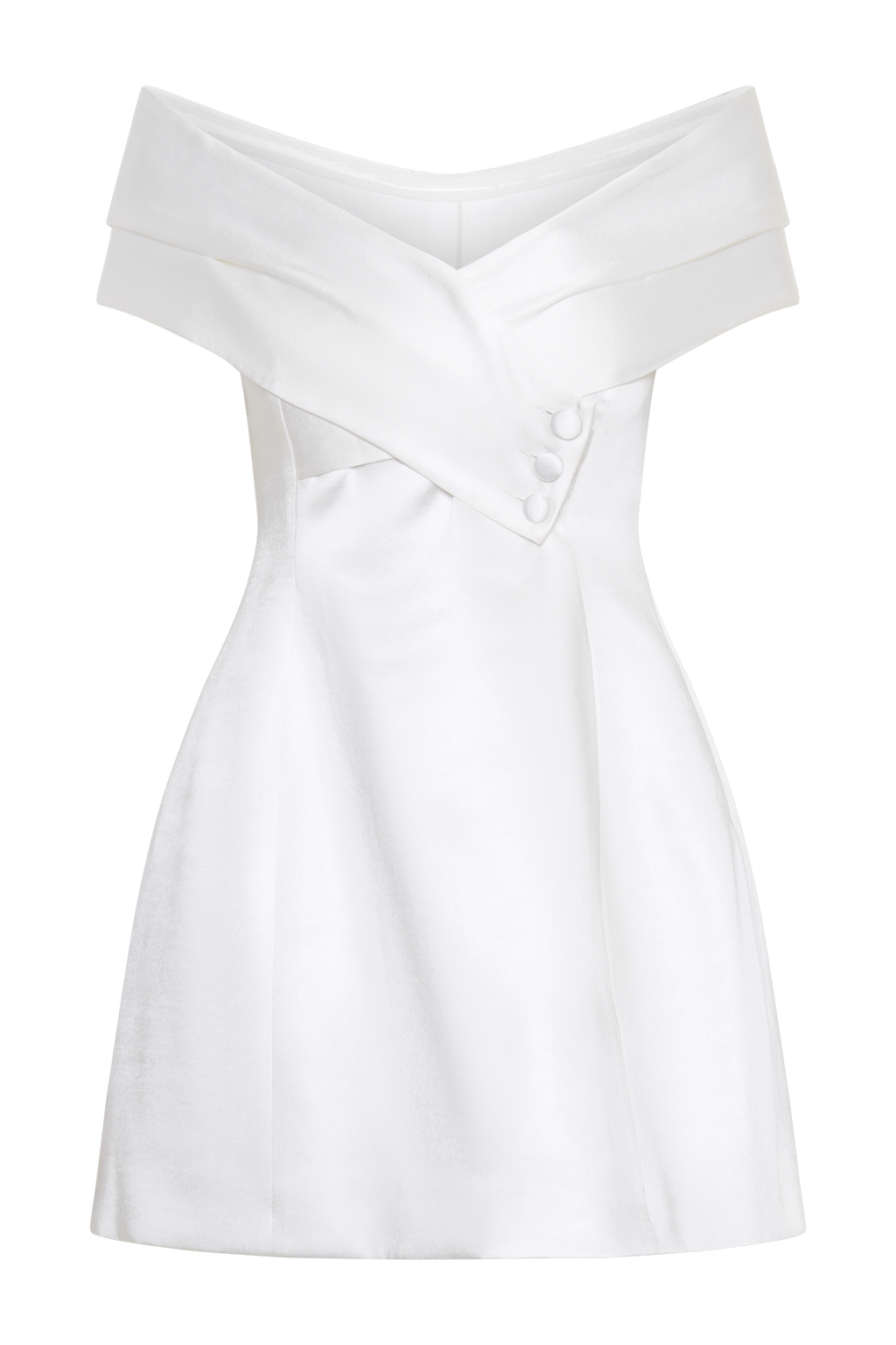 Evita Satin Off Shoulder Mini Dress in White – Chic&Drifts