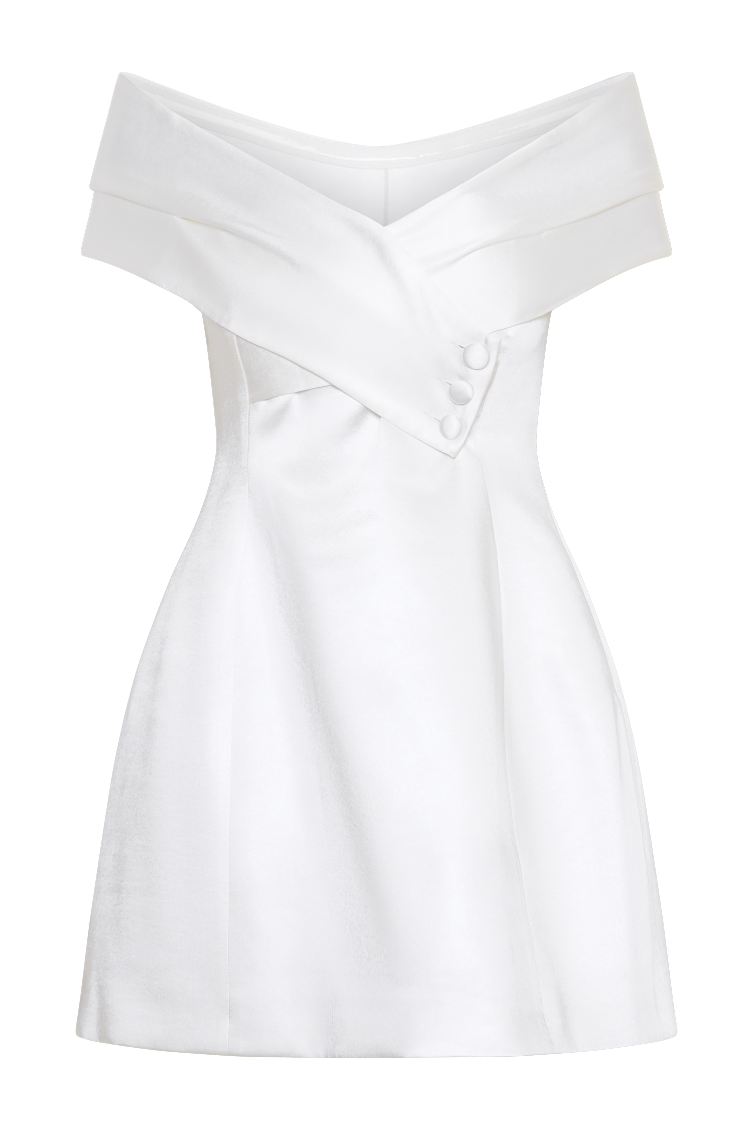 Evita Satin Off Shoulder Mini Dress in White – Chic&Drifts