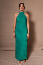 Claire Satin Drape Back Maxi Dress with Split in Green – Chic&Drifts