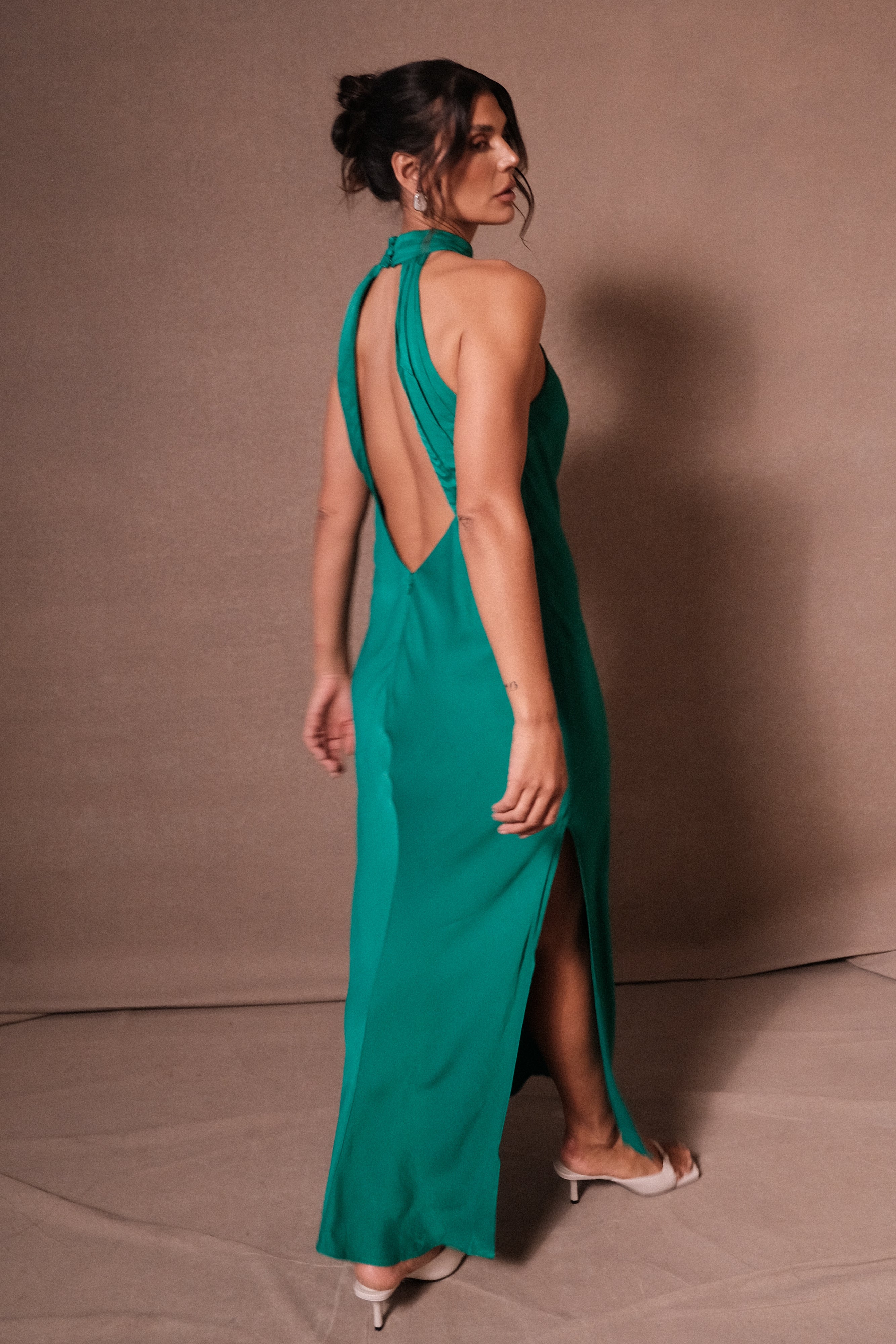 Claire Satin Drape Back Maxi Dress with Split in Green – Chic&Drifts