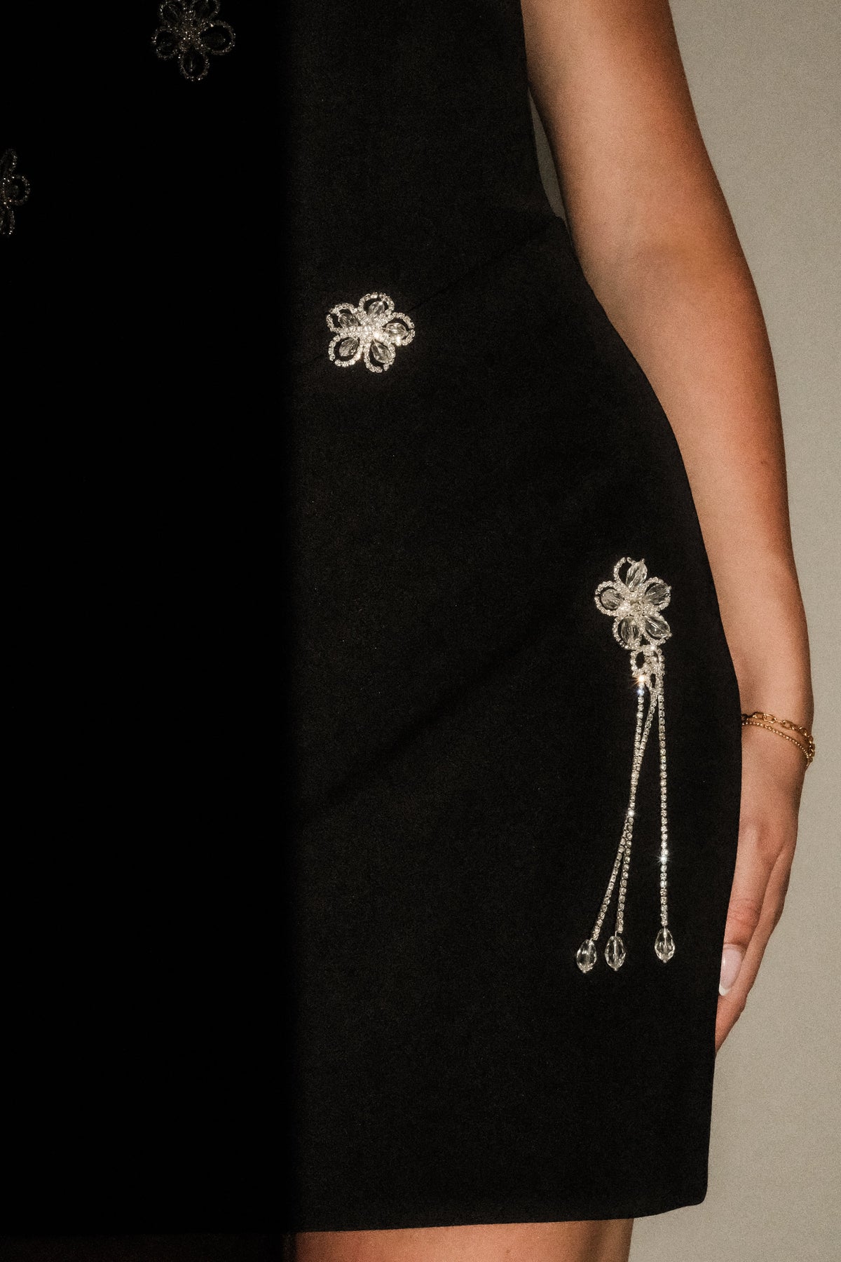 Liva Strapless Diamante Floral Trim Mini Dress in Black – Chic&Drifts