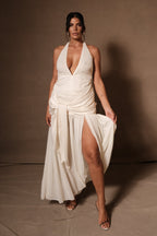 Graziana Satin Chiffon Plunge Maxi Dress in Ivory – Chic&Drifts
