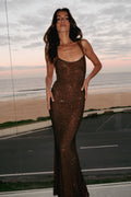 Jasmyn Hot Fix Maxi Dress With Mesh Back in Chocolate – Chic&Drifts