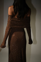 Marcel Off Shoulder Diamante Maxi Dress in Chocolate – Chic&Drifts