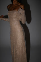 Marcel Off Shoulder Diamante Maxi Dress in Nude – Chic&Drifts