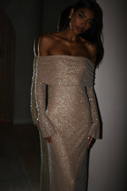 Marcel Off Shoulder Diamante Maxi Dress in Nude – Chic&Drifts