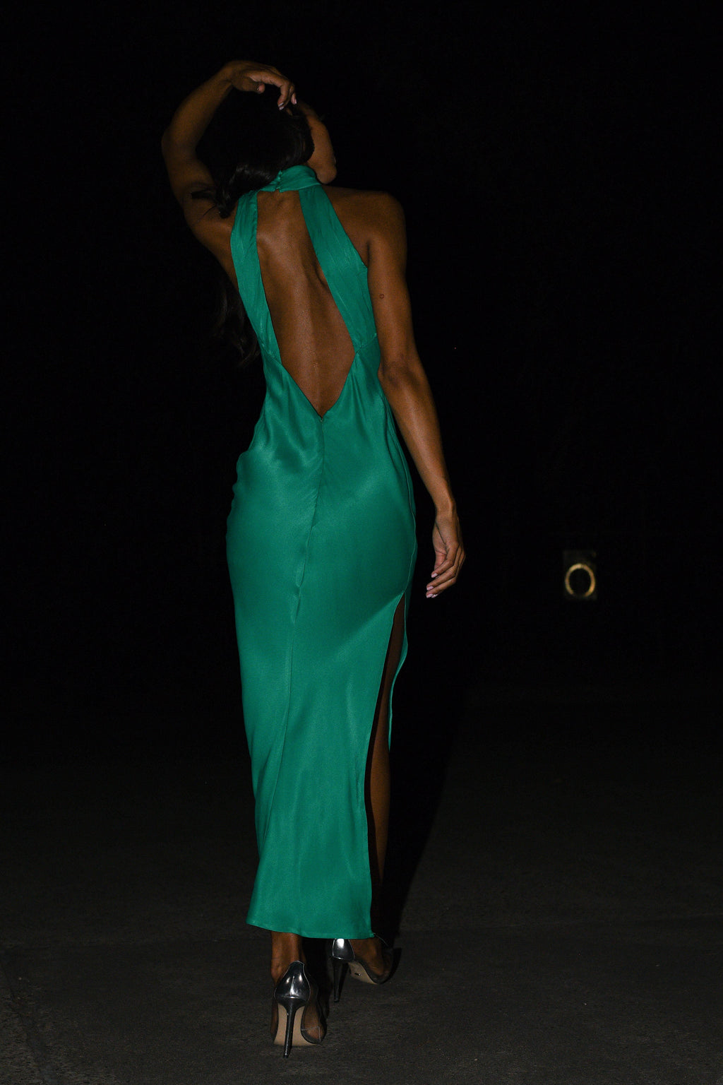 Claire Satin Drape Back Maxi Dress with Split in Green – Chic&Drifts
