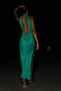Claire Satin Drape Back Maxi Dress with Split in Green – Chic&Drifts