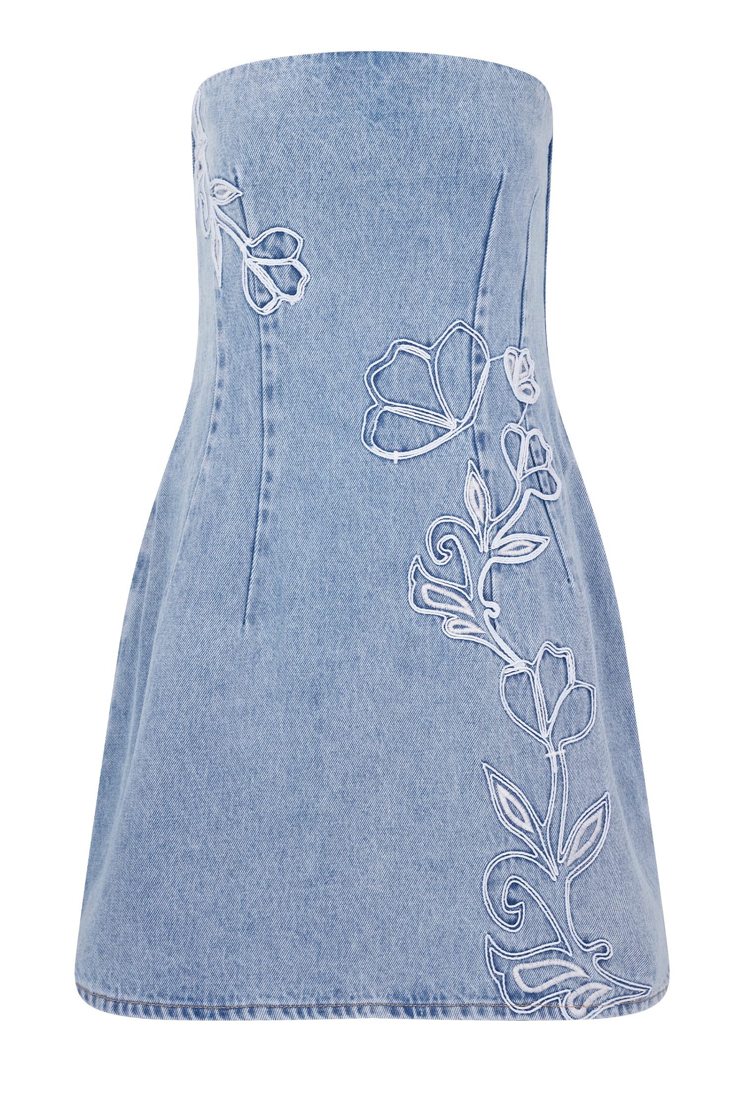 Akira Embroidered Denim Mini Dress in Mid Blue – Chic&Drifts