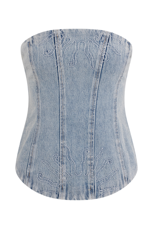 Alessia Embroidered Denim Corset in Light Vintage – Chic&Drifts