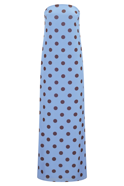 Amaya Strapless Chiffon Maxi Dress in Blue Polka Dot – Chic&Drifts