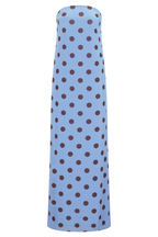 Amaya Strapless Chiffon Maxi Dress in Blue Polka Dot – Chic&Drifts