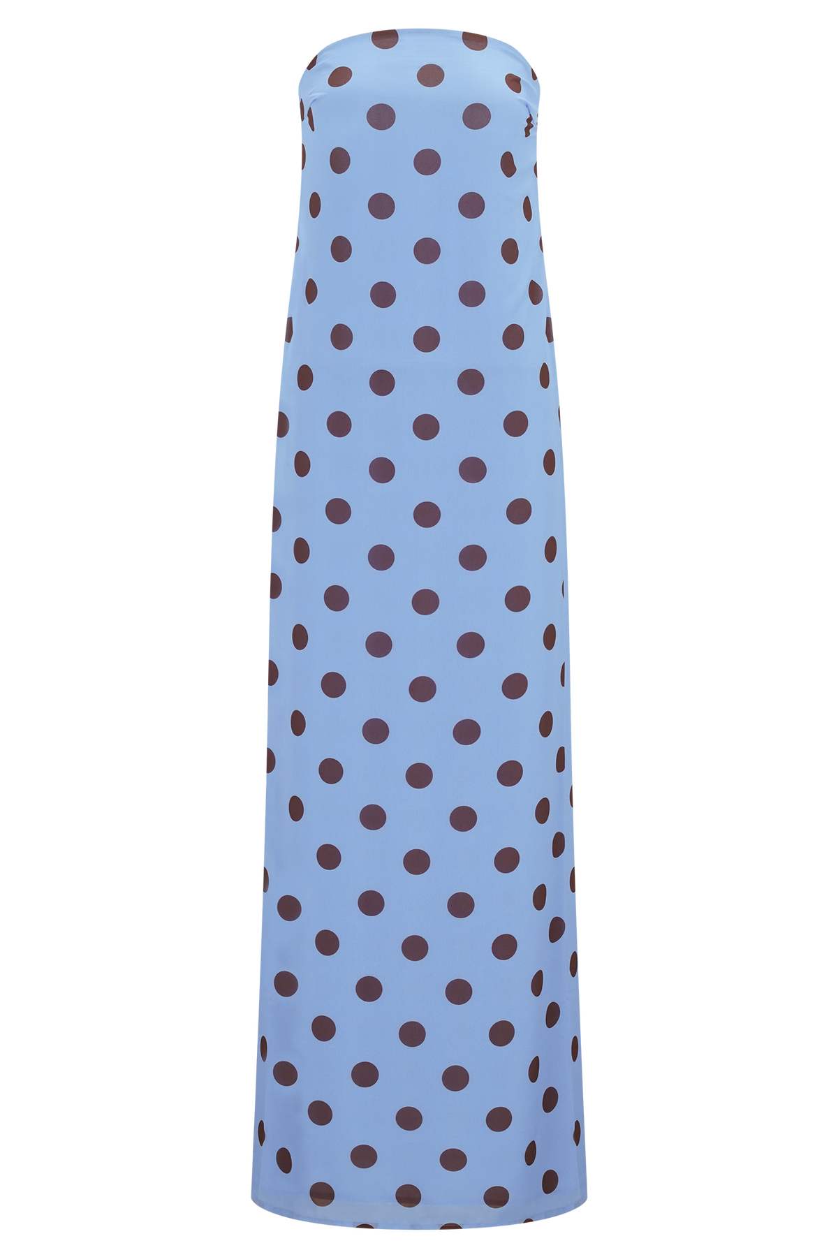 Amaya Strapless Chiffon Maxi Dress in Blue Polka Dot – Chic&Drifts