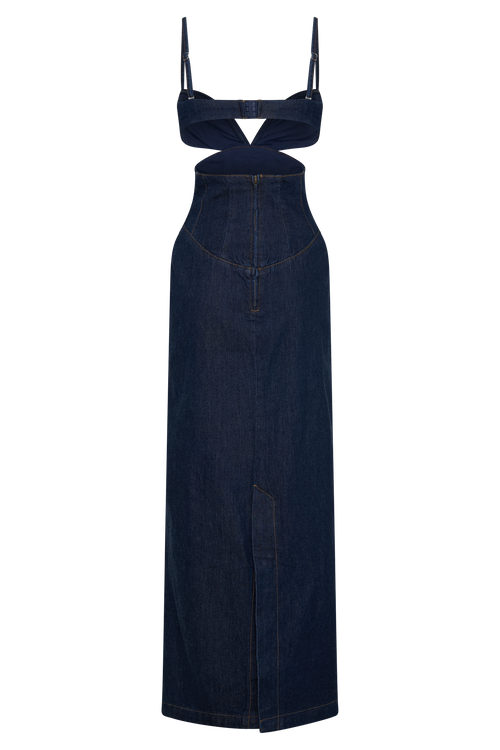 Amila Denim Cupped Maxi Dress in Indigo Blue – Chic&Drifts