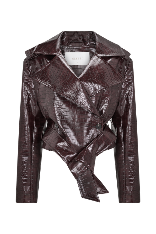 Archie Croc Faux Leather Cropped Jacket in Burgundy – Chic&Drifts