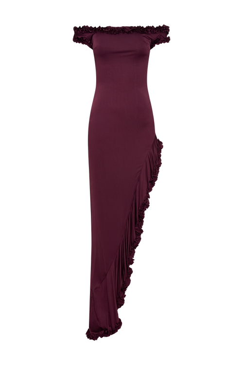 Arielle Off Shoulder Ruffle Midi Dress in Plum – Chic&Drifts