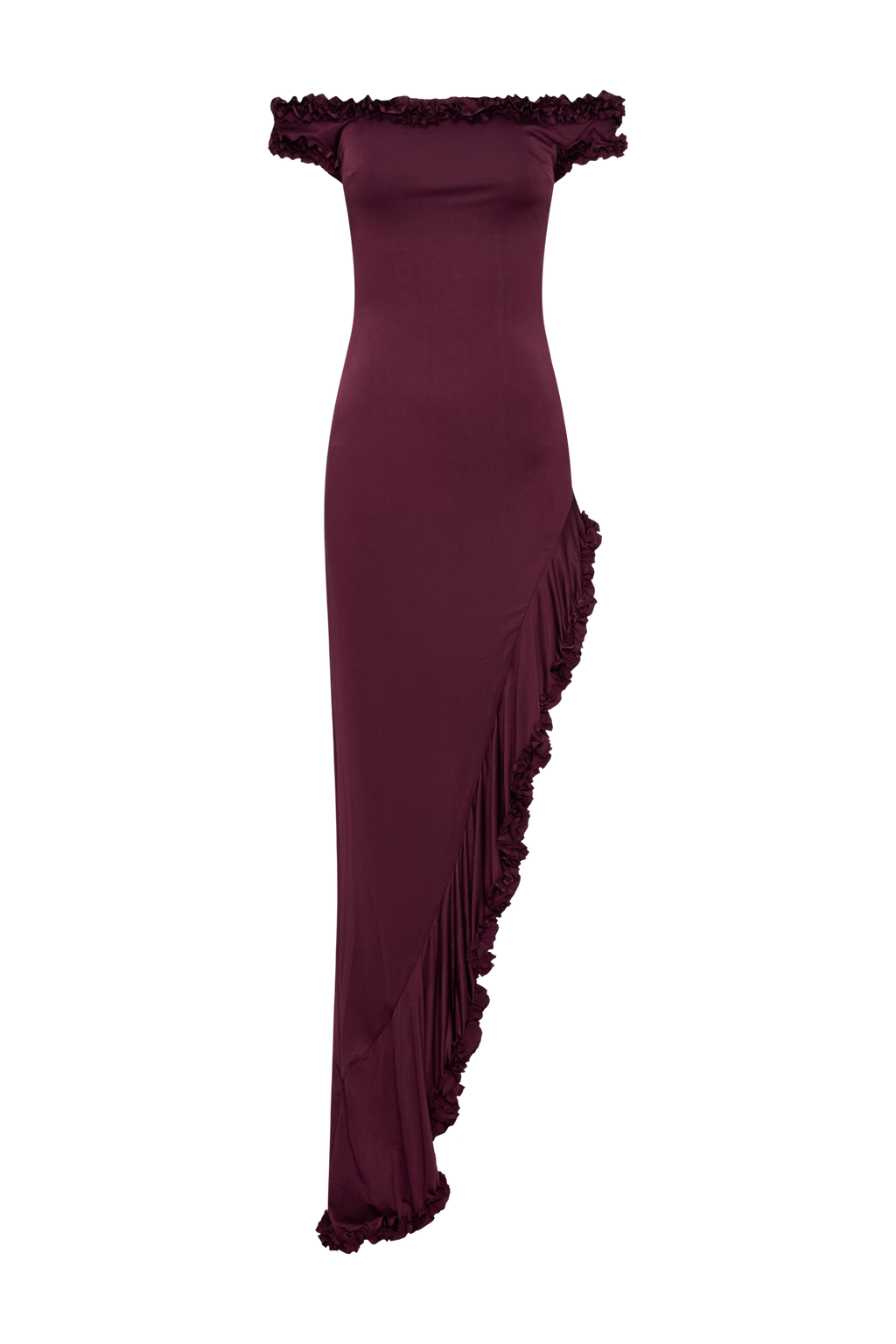 Arielle Off Shoulder Ruffle Midi Dress in Plum – Chic&Drifts