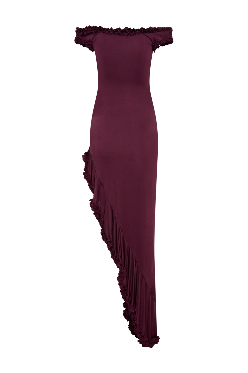 Arielle Off Shoulder Ruffle Midi Dress in Plum – Chic&Drifts