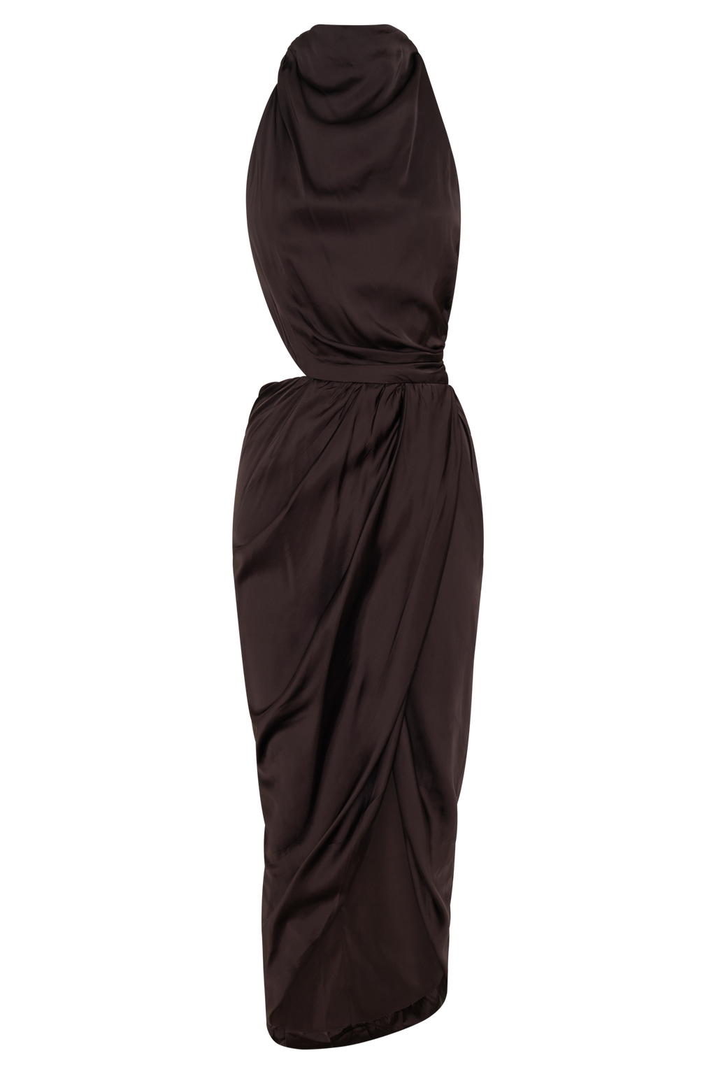 Aveline Draped Halter Midi Dress in Dark Chocolate – Chic&Drifts