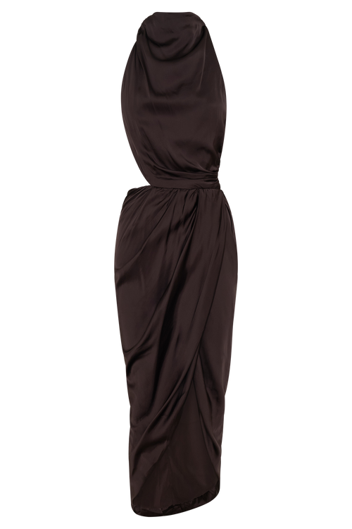 Aveline Draped Halter Midi Dress in Dark Chocolate – Chic&Drifts