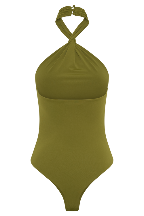 Bambi Twisted Neck Dry Jersey Bodysuit in Martini Olive – Chic&Drifts