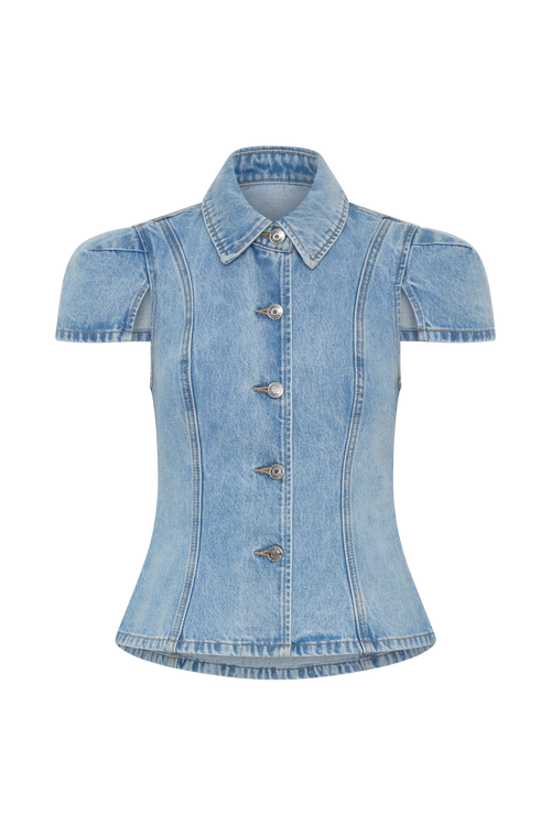 Bently Short Sleeve Denim Top in Washed Light Blue – Chic&Drifts