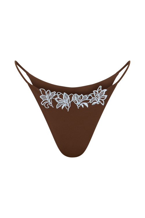Bloom Embroidered Bikini Bottom in Chocolate With Pale Blue Embroidery – Chic&Drifts