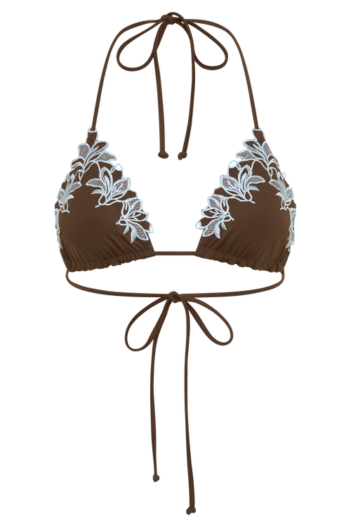 Bloom Embroidered Triangle Bikini Top in Chocolate With Pale Blue Embroidery – Chic&Drifts