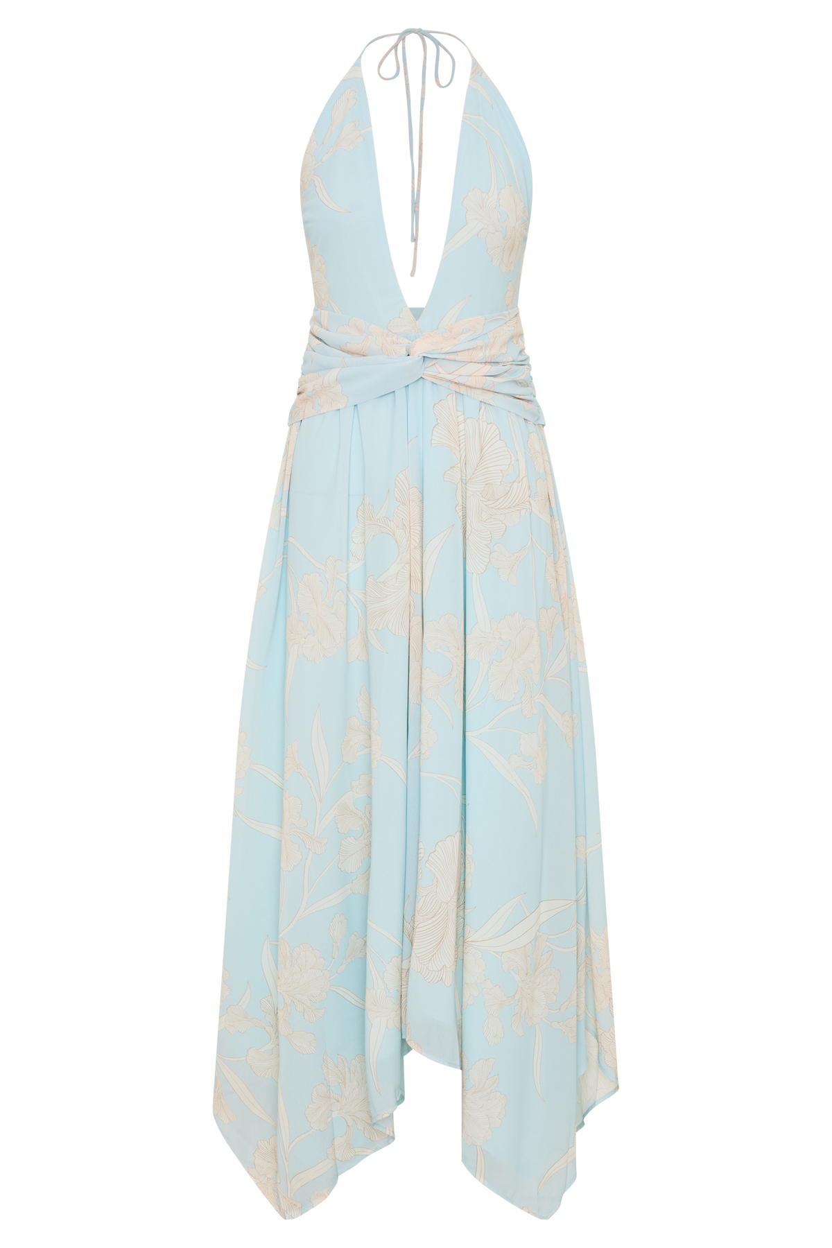 Cyra Plunge Chiffon Midi Dress in Blue Floral Print – Chic&Drifts