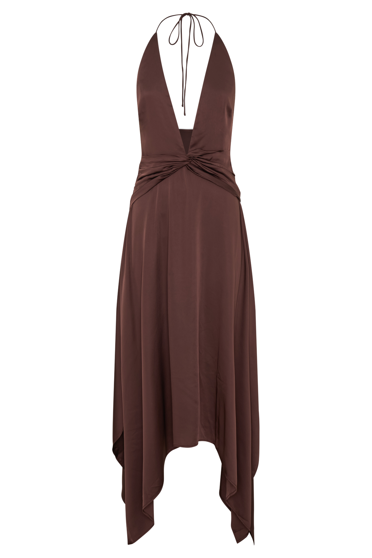 Cyra Plunge Satin Midi Dress in Dark Chocolate – Chic&Drifts